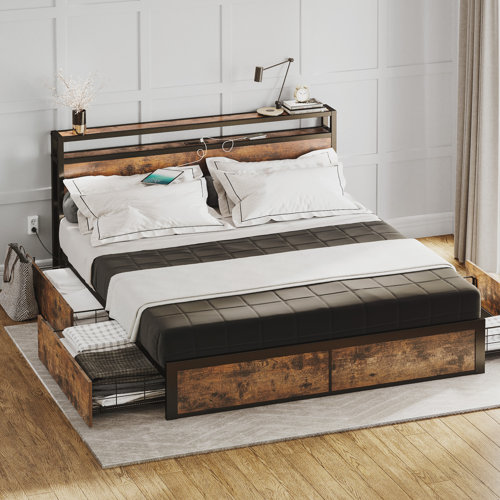 17 Stories Full Size Bed Frame With Storage, 2tier Storage Headboard